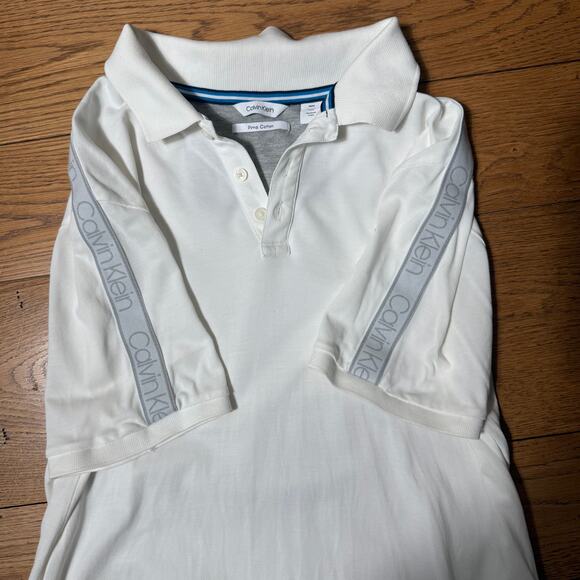 Calvin Klein Men Polo SZ M White Shoulder Spell Out Pima Cotton Golf Casual Prep - Picture 8 of 10